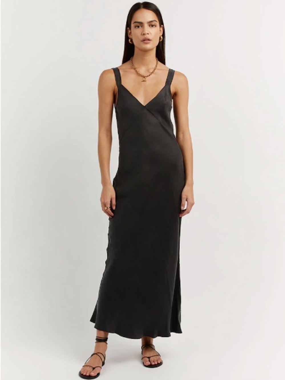 DISSH Black V-Neck Slip Maxi Dress with Wide Straps
